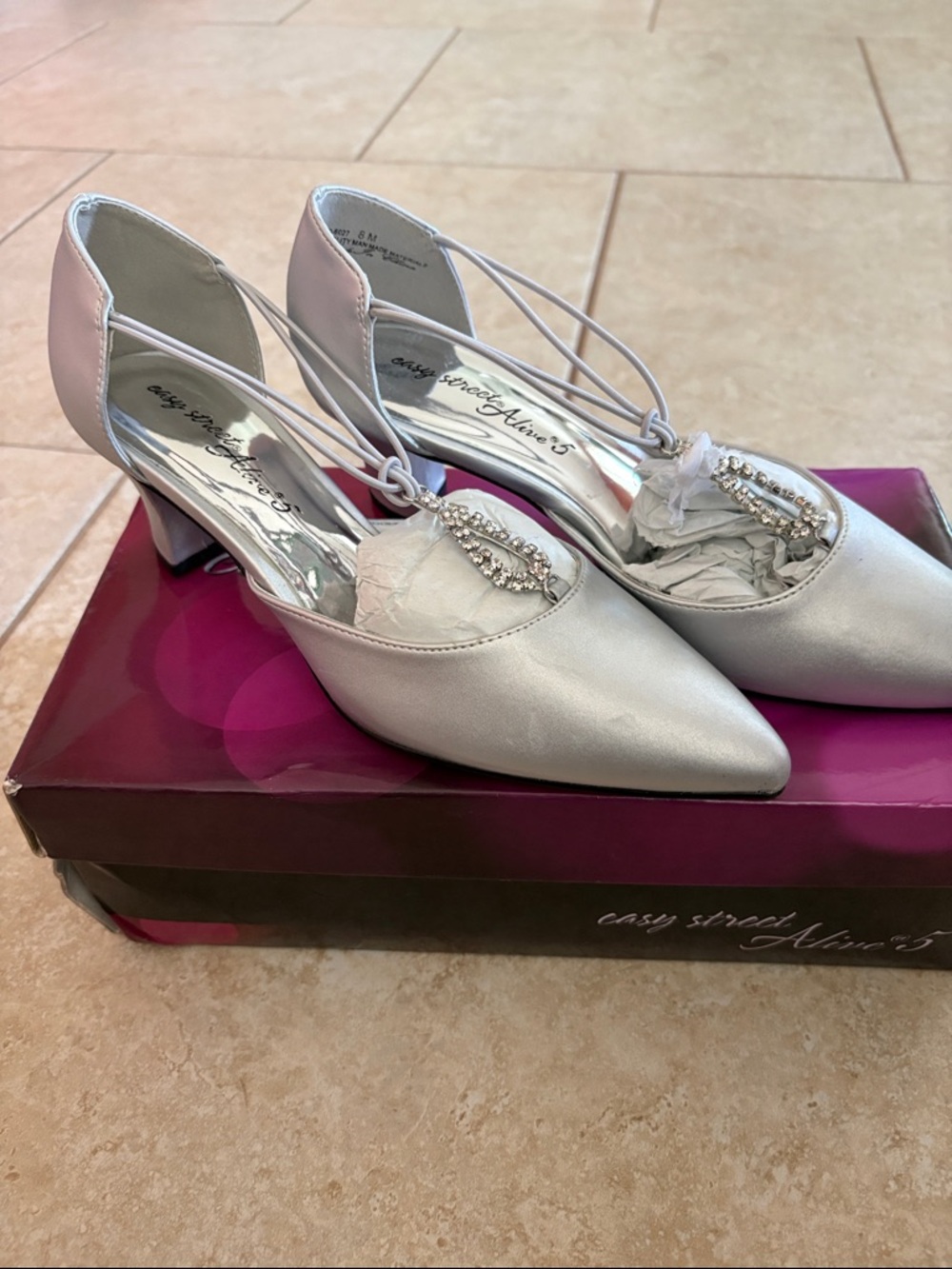 easy street Silver Pointed-Toe Heels with Crystal Accent